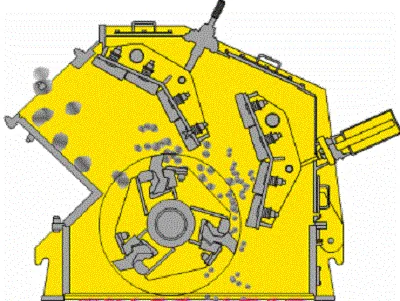 Animated cutaway showing material movement inside an impact crusher